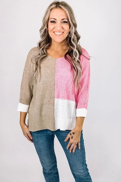 Cozy Women's Pink Color Block V-Neck Knit Sweater - Loose Fit for Casual Outings and Stylish Layering