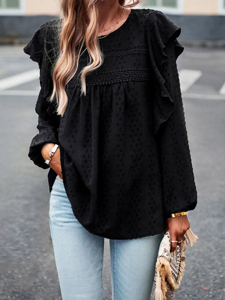 Elegant Black Lace Eyelet Ruffle Sleeve Blouse for Fall