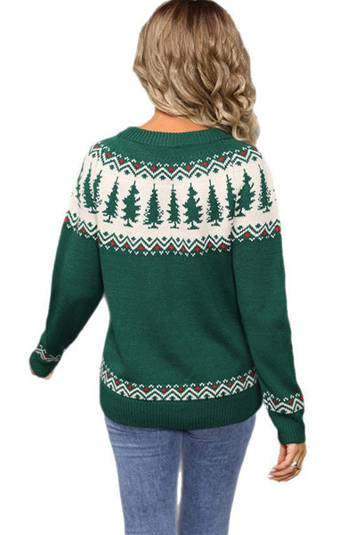 Women's Retro Forest Green Fair Isle Tree Sweater