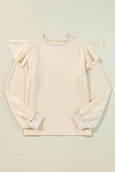 Chic Women's Solid Color Long Sleeve Blouse with Ruffled Shoulders - Versatile Top for Casual and Formal Occasions