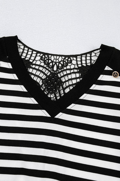 Women's Black and White Stripe Crochet V-Neck Top with Hollow-Out Back and Buttoned Shoulders for a Stylish Look