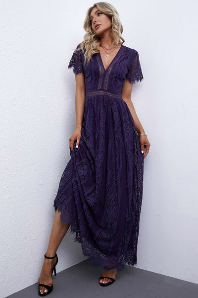 Women's Floral Crochet Lace V-Neck Midi Dress with Bell Sleeves