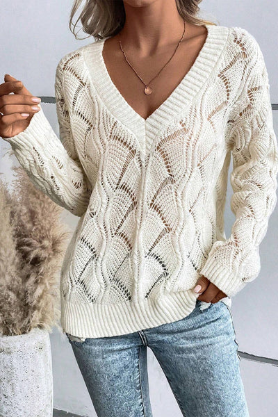 Chic Beige V-Neck Knit Sweater for Women with Drop Shoulders - Stylish Hollow Out Design for Trendy Fall Fashion