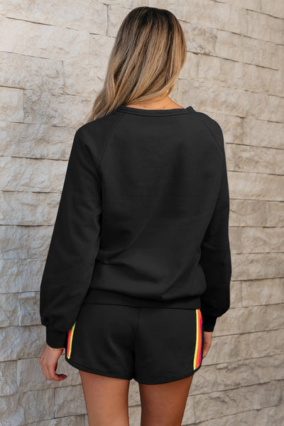 Women's Black Striped Pullover & Shorts Set - Chic Casual Two-Piece Outfit for Stylish Comfort and Everyday Wear