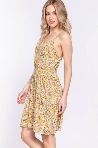 Round Neck Waist Shirring Floral Dress