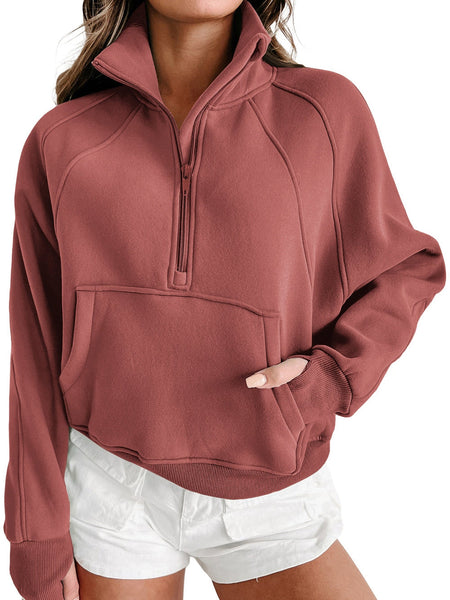 Cozy Brown Zip Up Sweatshirt with Stand Collar and Thumbhole Sleeves