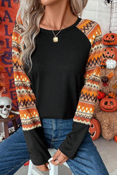Women's Orange Geo Print Long Sleeve Raglan Tee with Patchwork Design Casual and Comfortable Fit