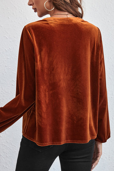 Elegant Women's Gold Velvet Top with Beaded Details, Lantern Sleeves, and Split V-Neck for Evening Events