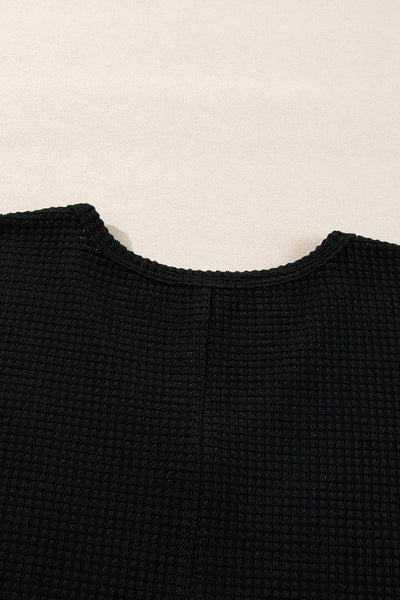 Women's Black Waffle Knit V-Neck Top with Side Slits - Relaxed Fit Casual Tee for Effortless Everyday Style