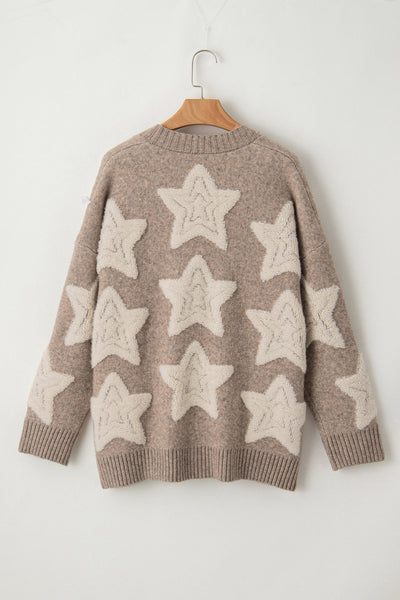Chic Women's Khaki Sherpa Cardigan with Star Pattern & Pockets - Cozy Textured Sweater for Casual Style
