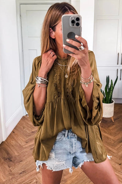 Elegant Women's Jungle Green Silky Lace Frilled Blouse - Chic Long Sleeve Round Neck Top for Fashionable Looks
