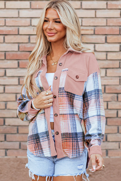 Stylish Women's Light Pink Plaid Corduroy Shacket with Patchwork Design and Chest Pocket for Trendy Layering