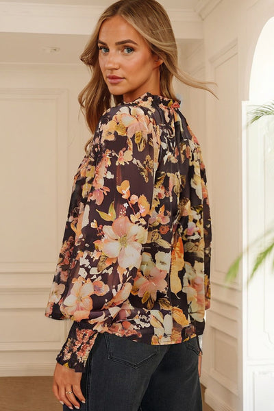 Stylish Women's Black Floral V-Neck Blouse with Long Puff Sleeves - Lightweight and Breezy Summer Fashion Top