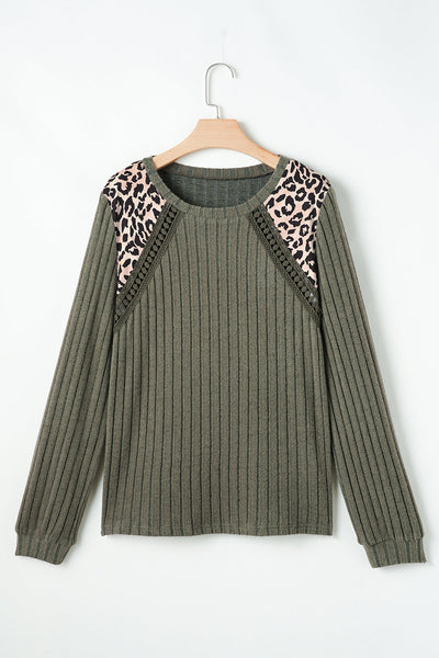 Women's Moss Green Leopard Print Knit Top with Crochet Patchwork Stylish Ribbed Texture for a Chic Fit