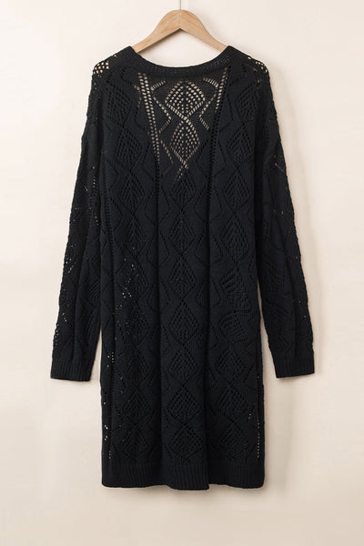 Chic Women's Black Hollow-Out Knit Cardigan for Stylish Layering - Lightweight, Openwork Design, Perfect for All Seasons