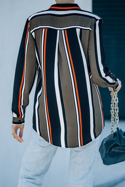 Chic Women's Black and Brown Striped Shirt - Tailored Fit for Effortless Style and Versatile Everyday Wear