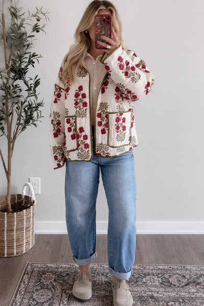 Cozy Women's Red Floral Quilted Winter Jacket with Contrast Trim - Stylish Outerwear for Cold Weather Adventures made for easy styling and wardrobe
