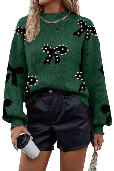 Women‚Äôs Cozy Blackish Green Sweater with Pearl Details and Bow Design Chic Loose Fit for Effortless Style