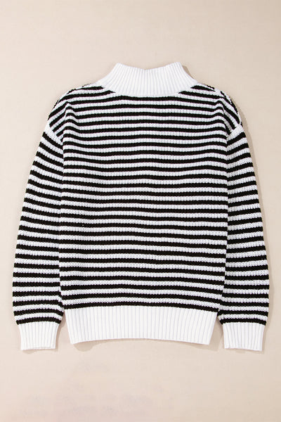 Chic Women's Black Stripe Zip-Up Sweater with Drop Shoulders - Cozy Casual Layering for Every Occasion