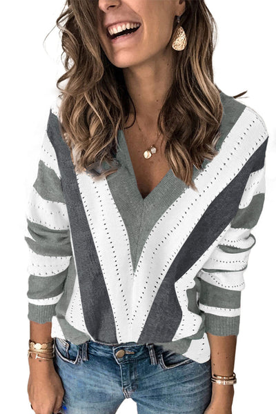 Zip-Up V-Neck Striped Sweater