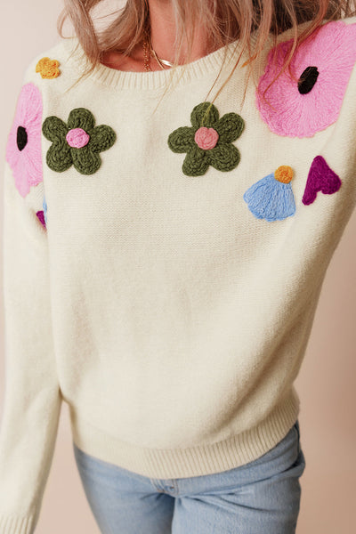 Cozy Women's Beige Knitted Floral Sweater with Ribbed Edges for Chic Autumn Style and Comfortable Fit