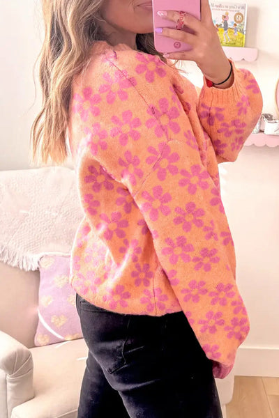 Cozy Women's Grapefruit Orange Loose-Fit Sweater with Ribbed Trim and Floral Design for Casual Chic Style