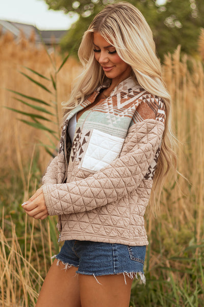 women's stylish women's earth tone aztec quilted jacket - cozy layer for fall and winter casual outings with practical styling and dependable