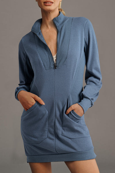 Women's Ivy Ribbed Zip-Up Sweatshirt Dress in Steel Blue