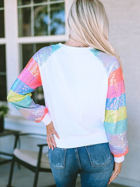 Women's White Sequin Color Block Casual Sweatshirt with Raglan Sleeves