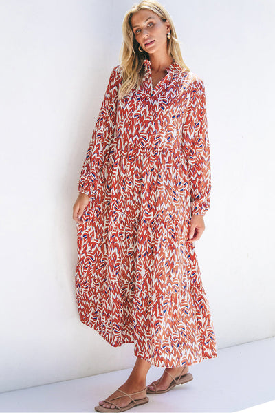Chic Women's High Waist Midi Dress in Orange Abstract Print with V-Neck - Trendy Summer Style for Effortless Elegance