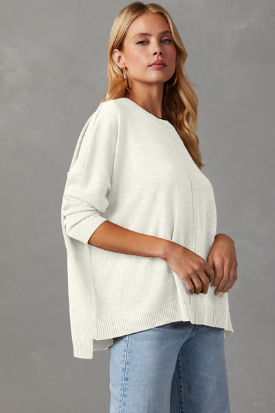 Cozy Women's White Drop Shoulder Pullover Sweater with Front Seam - Effortless Casual Chic for Everyday Style