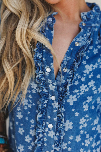 Women's Blue Floral Print Denim Shirt with Frilled Trim and Long Sleeves - Stylish Casual Fit for Everyday Wear