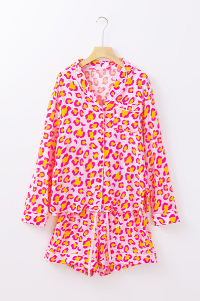 Cozy Women's Pink Leopard Print Pajama Set with Long Sleeve Shirt & Shorts - Stylish Sleepwear for Ultimate Comfort