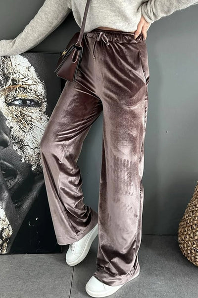 Women's Luxurious Goat Color Shiny Velvet High Waist Casual Pants - Stylish Drawstring Straight Leg Trousers