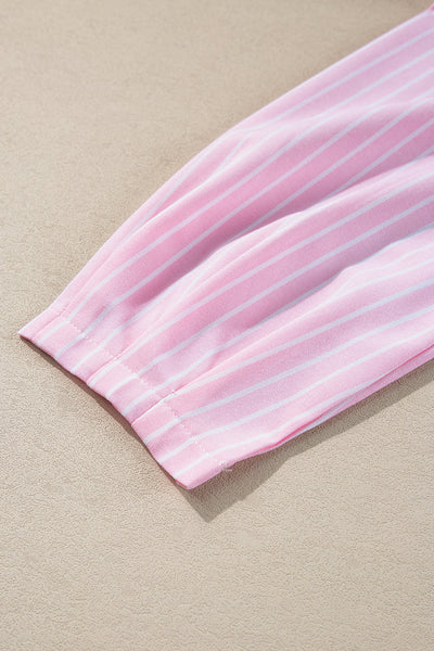Trendy Women's Pink Striped Puff Sleeve Blouse with Bowknot Detail - Chic Crew Neck Top for Stylish Casual Looks