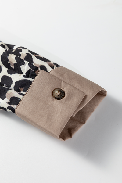 Women's Leopard Print Henley Blouse with Contrast Tan Trim