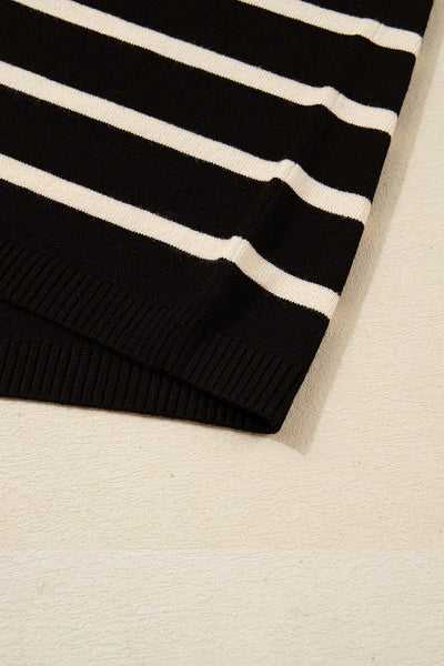 Elegant Women's Black Striped Polo Mini Dress with Puff Sleeves for Stylish Comfort and Versatile Everyday Wear