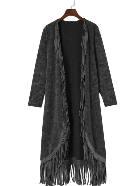 Women's Chic Black Fringed Hem Cardigan with Pockets