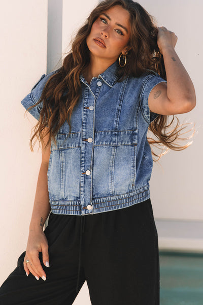 Trendy Women's Blue Acid Wash Denim Vest with Elastic Hem & Button Closure - Stylish Casual Layering Essential