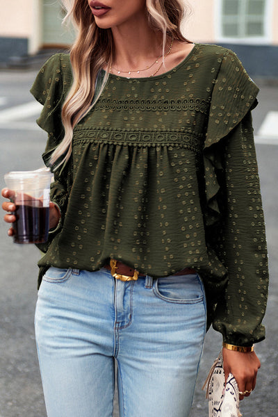 Elegant Women's Blackish Green Lace Blouse with Ruffle Sleeves - Chic Long Sleeve Top for Stylish Casual Outfits
