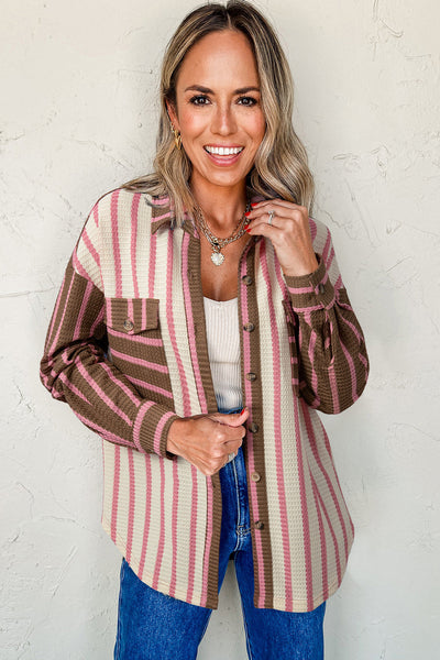 Trendy Women's Multicolor Striped Knit Shacket with Contrast Patchwork, Button Pockets, and Stylish Raw Hem