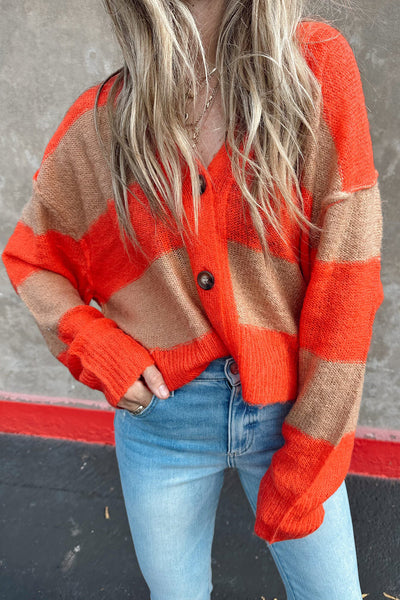 Women's Stylish Orange Color Block Cardigan - V-Neck, Button Closure, Loose Fit for Cozy Layering and Everyday Wear