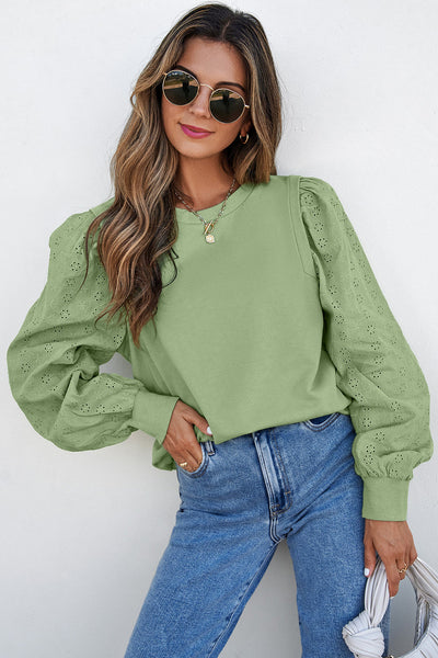 Casual Chic Women's Mist Green Solid Patchwork Sweatshirt - Long Sleeve Round Neck Top for Everyday Comfort