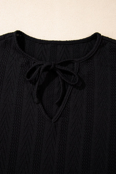 Chic Women's Black Floral Patchwork Knit Blouse - Textured V-Neck with Adjustable Drawstring for a Flattering Silhouette