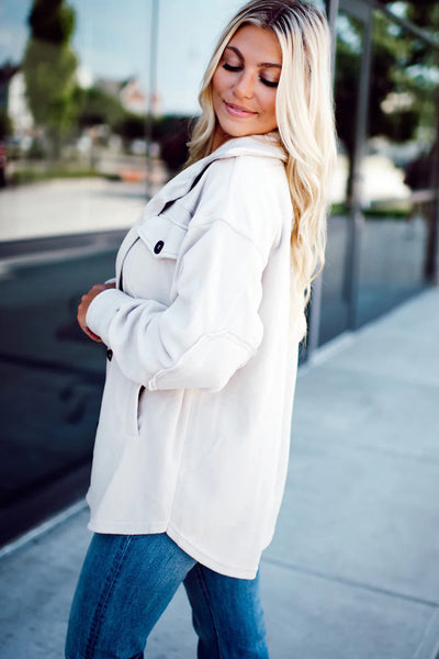 Women's White Fleece Shacket with Exposed Seams & Patchwork Design - Stylish Button-Down Layer for Cozy Chic Looks