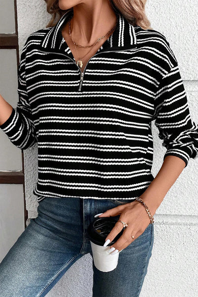 Women's Textured Black Striped Quarter Zip Long Sleeve Top - Stylish Fit for Casual Outings and Everyday Wear