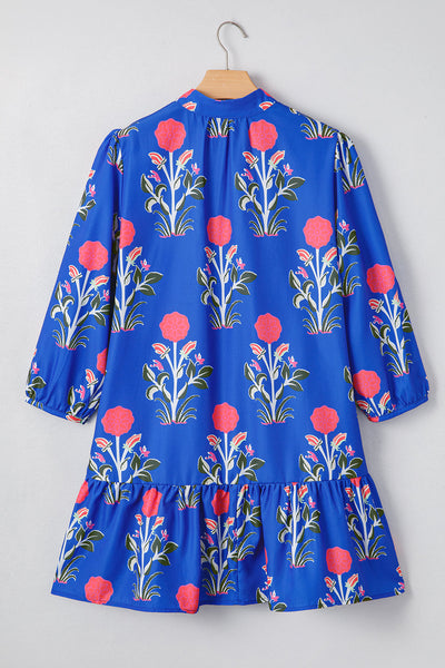 Women's Blue Floral Ruffle Hem Dress with Button Detail & 3/4 Puff Sleeves - Perfect for Spring & Summer Events