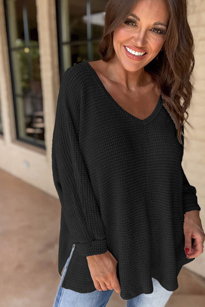 Women's Black Waffle Knit V-Neck Top with Side Slits - Relaxed Fit Casual Tee for Effortless Everyday Style