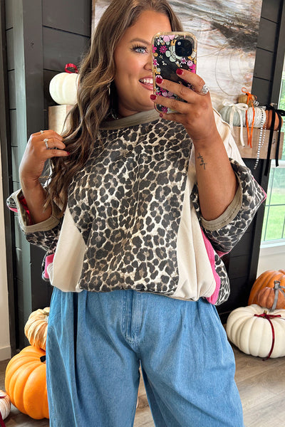 Stylish Women's Brown Leopard Print Color Block Top with 3/4 Sleeves - Trendy Loose Fit Casual Shirt for Everyday Wear made for easy styling and