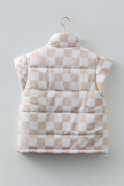 Women's Khaki Checkered Quilted Vest with Mock Neck